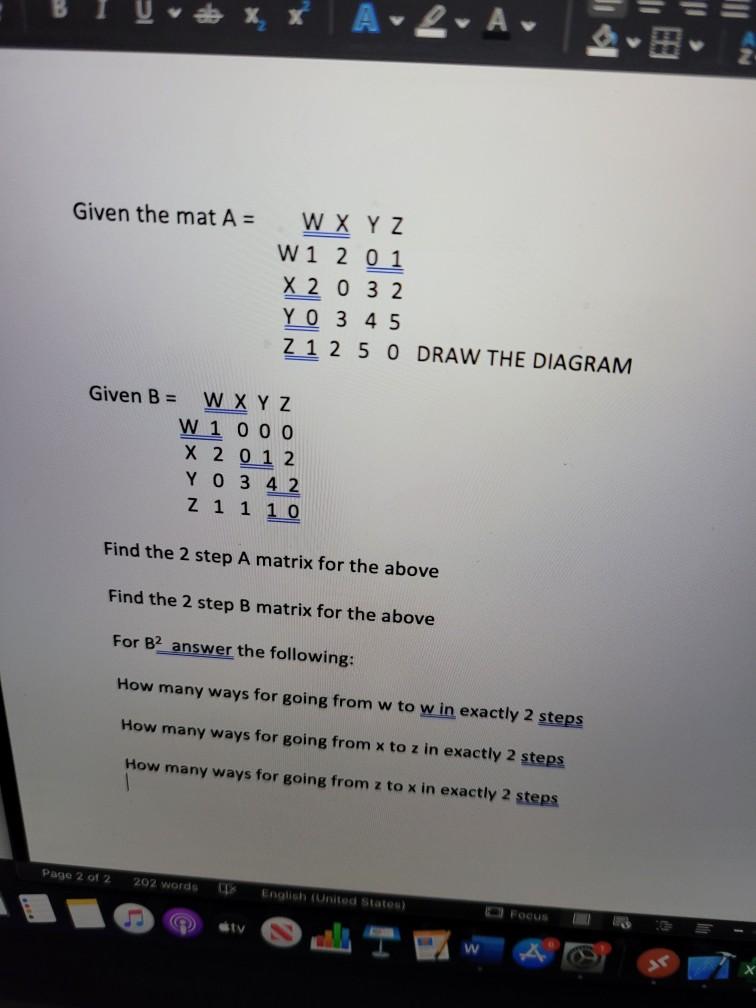 Solved A-2A Given the mat A = W X Y Z W1 2 0 1 X 2 0 3 2 YO3 | Chegg.com