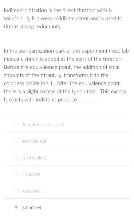 Solved lodimetric titration is the direct titration with 12 | Chegg.com