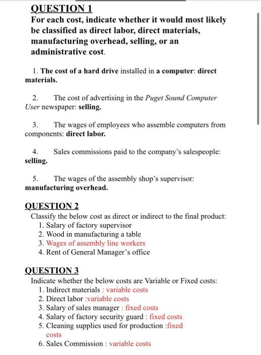 Solved QUESTION 1 For each cost, indicate whether it would