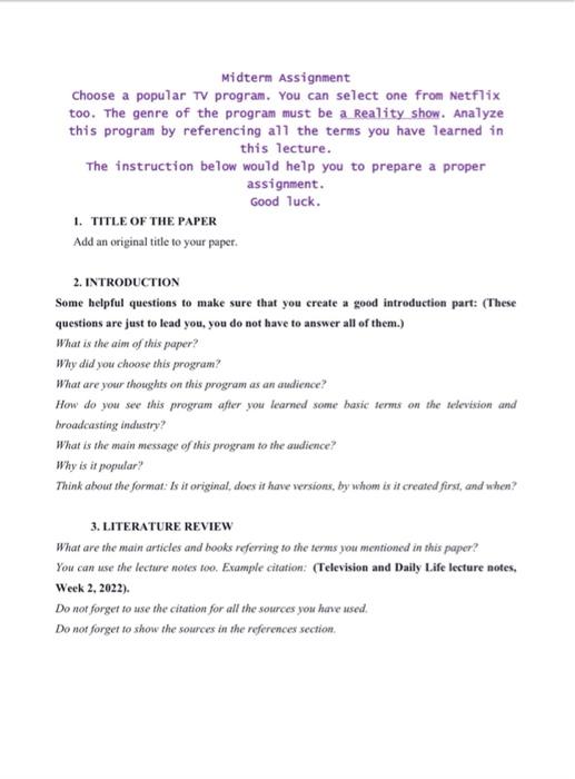 Midterm Assignment Choose a popular TV program. You | Chegg.com