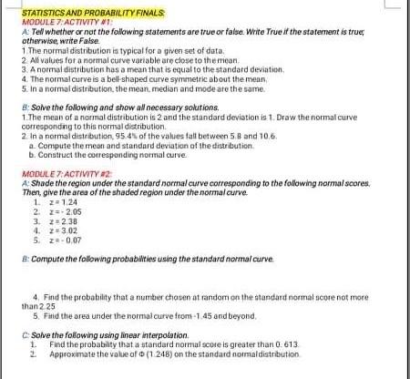 Solved STATISTICS AND PROBABILITY FINALS MODULE 7. ACTIVITY | Chegg.com