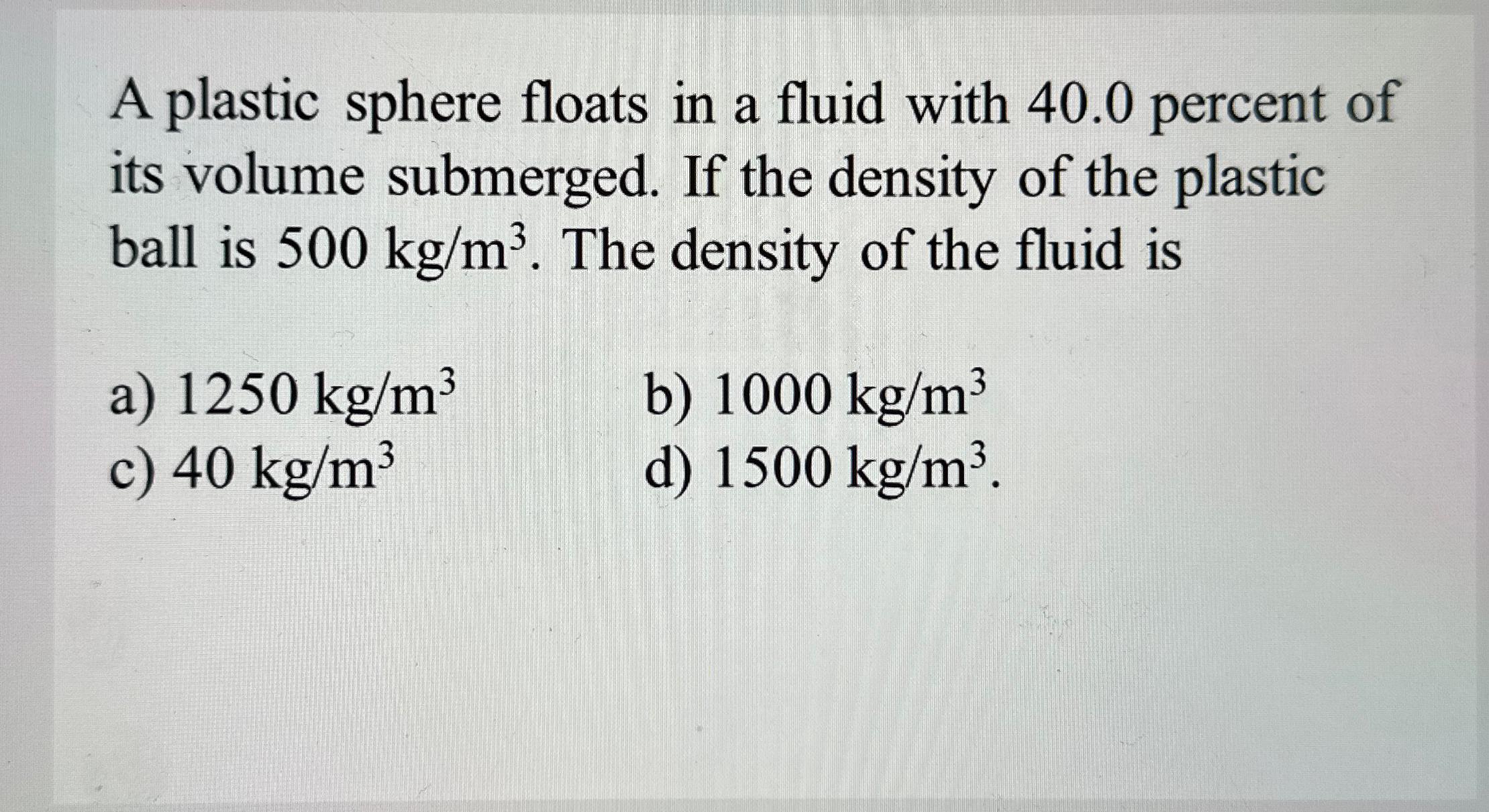 Solved A plastic sphere floats in a fluid with 40.0 ﻿percent