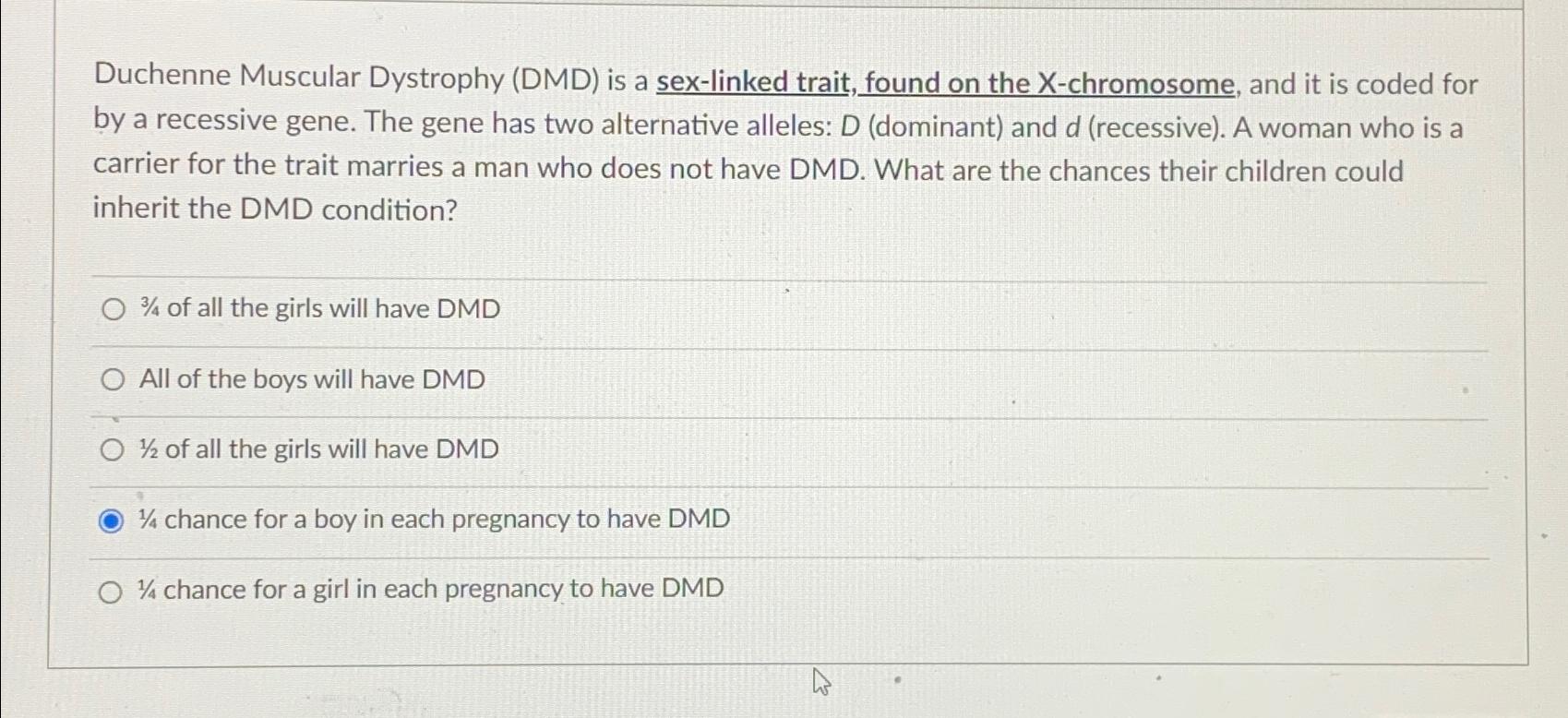 Solved Duchenne Muscular Dystrophy (DMD) ﻿is a sex-linked | Chegg.com