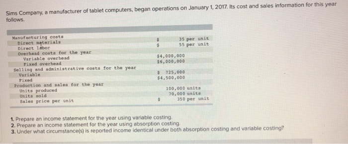 Solved: Sims Company, A Manufacturer Of Tablet Computers ...