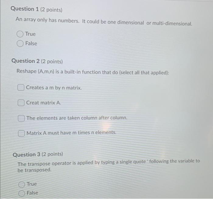 Solved Question 1 (2 points) An array only has numbers. It | Chegg.com