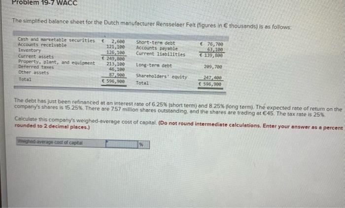 Solved Problem 19-7 WACC The Simplified Balance Sheet For | Chegg.com