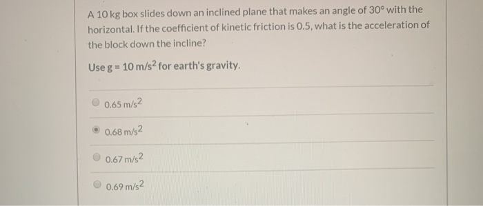 Solved A 10 kg box slides down an inclined plane that makes | Chegg.com