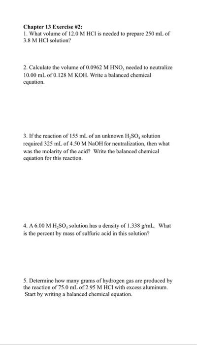 Solved Chapter 13 Exercise 2 1 What Volume Of 12 0 M H Chegg Com