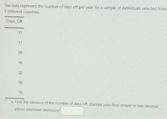 Solved The data represent the number of days off per year | Chegg.com