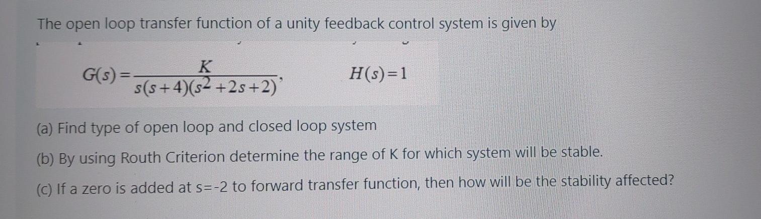 Solved The open loop transfer function of a unity feedback | Chegg.com