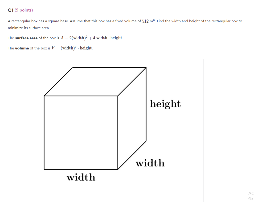 Solved Q1 (9 ﻿points)A rectangular box has a square base. | Chegg.com