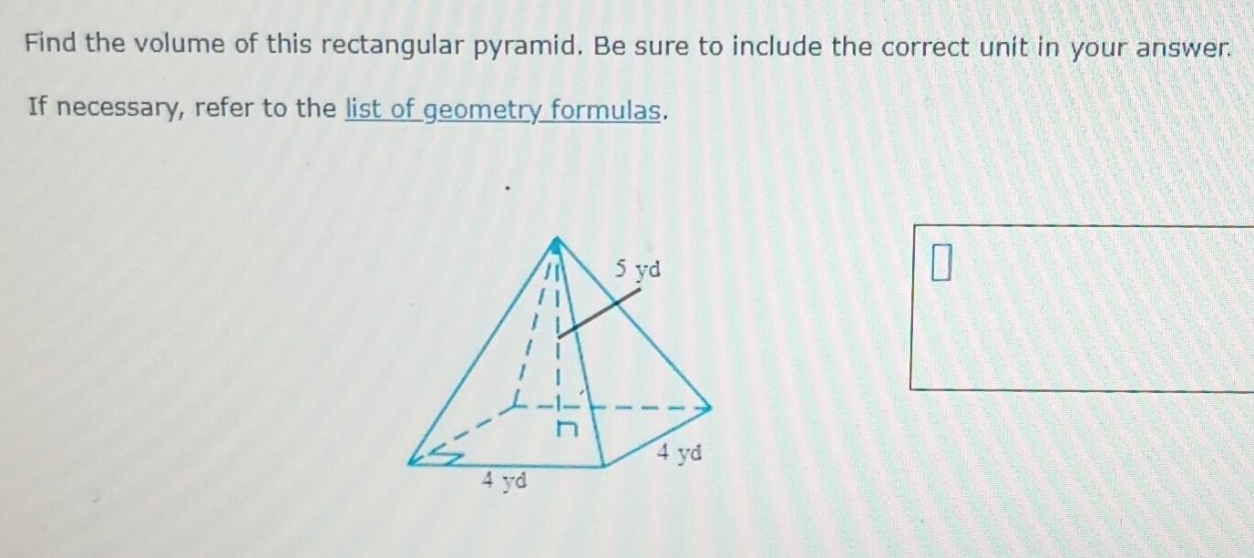 Solved Find the volume of this rectangular pyramid. Be sure | Chegg.com