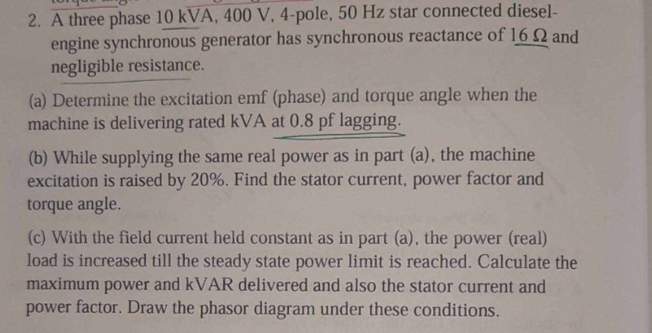 Solved 2. A three phase 10 kVA, 400 V, 4-pole, 50 Hz star | Chegg.com