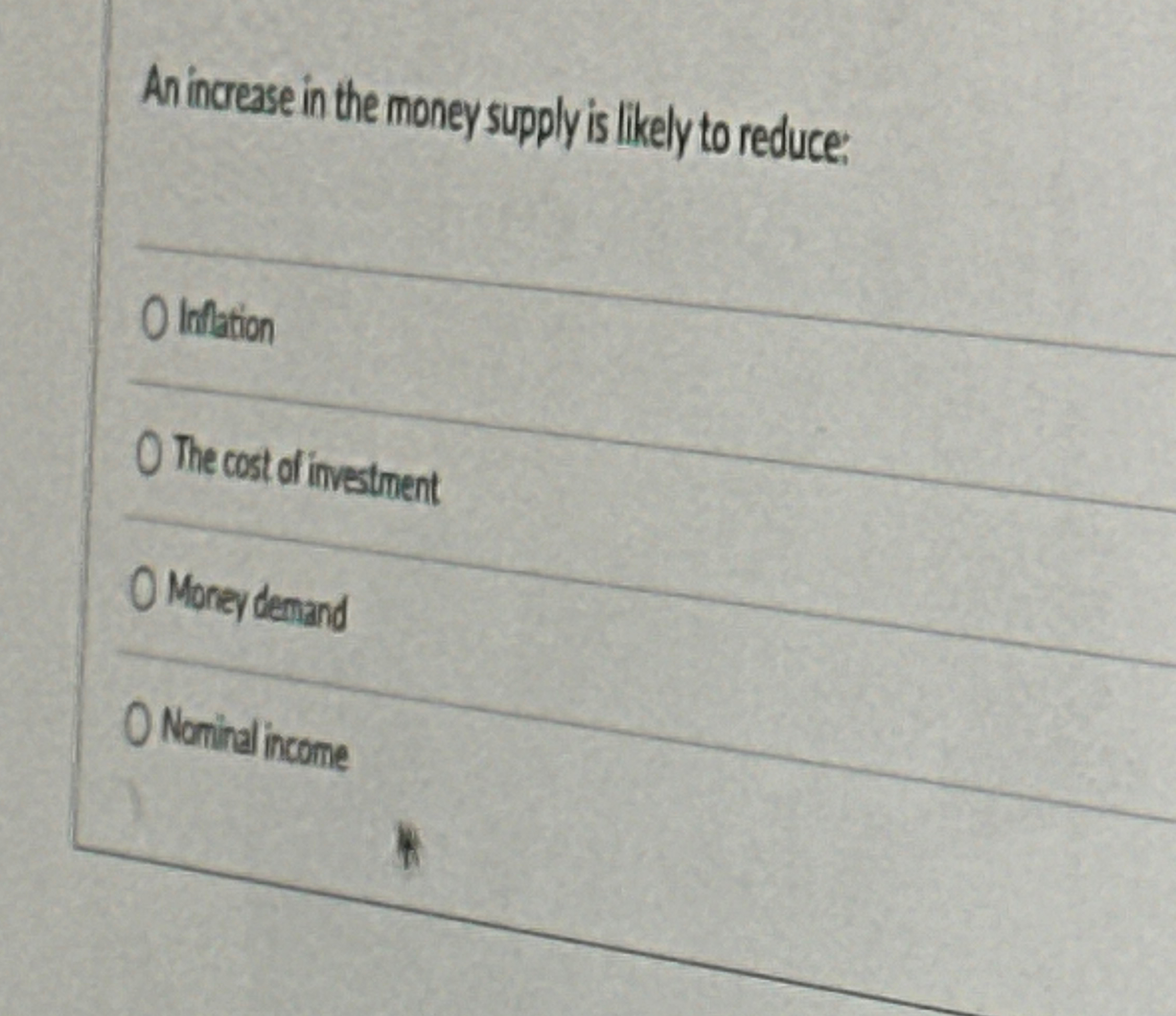 Solved An incresse in the money supply is likely to reduce:0 | Chegg.com
