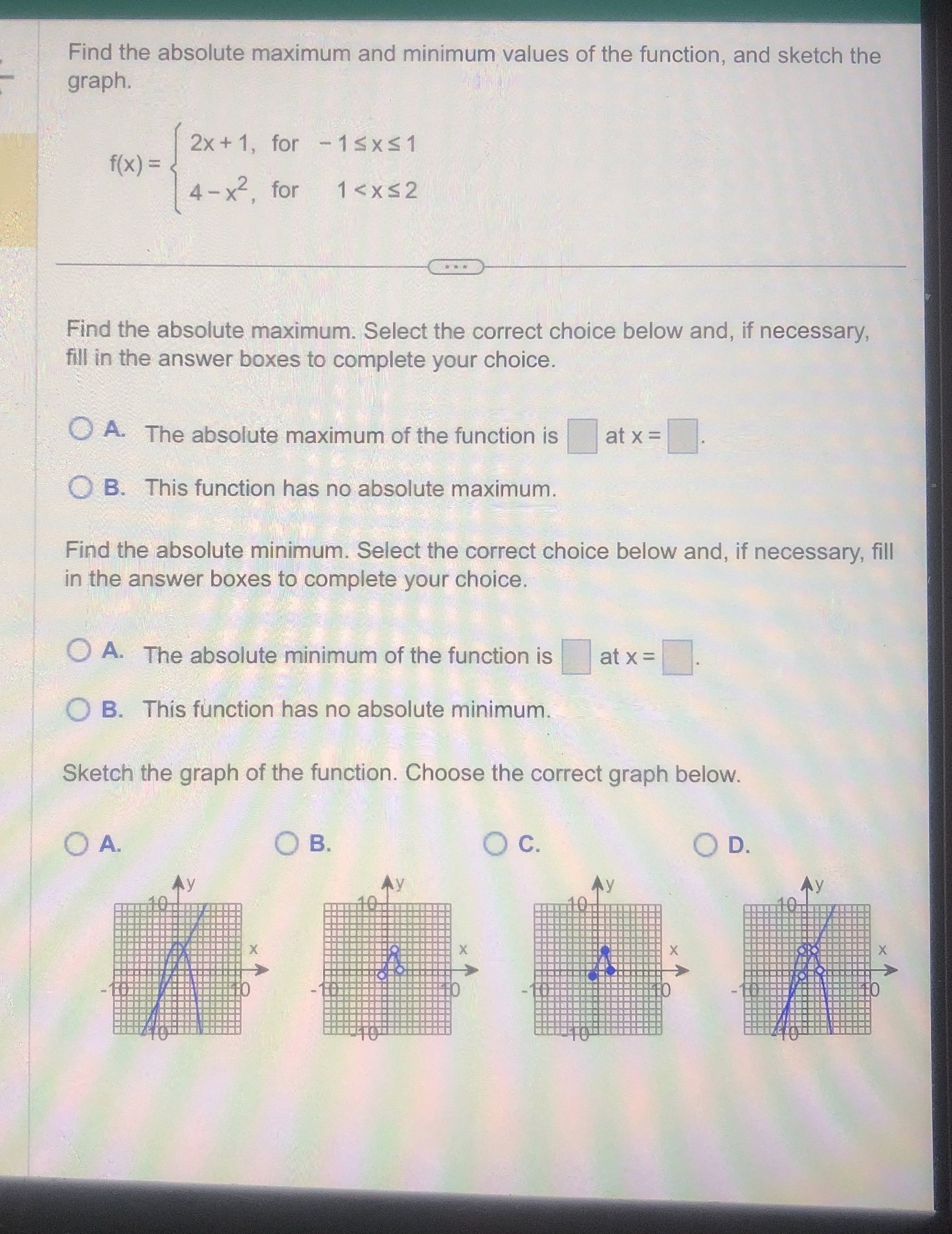 Solved Find the absolute maximum and minimum values of the | Chegg.com