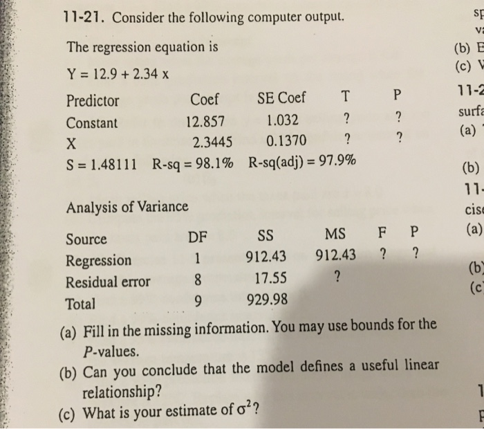 Solved 11-21. Consider the following computer output. sp va | Chegg.com