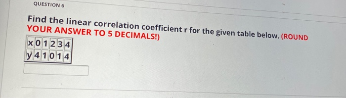 Solved QUESTION 6 Find the linear correlation coefficient r | Chegg.com