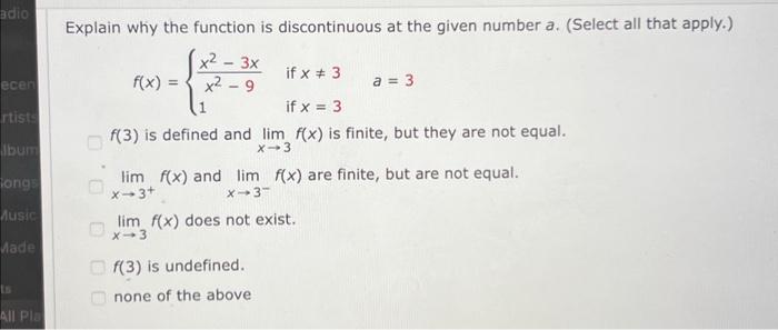 Solved Explain why the function is discontinuous at the | Chegg.com