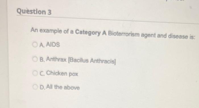 An example of a Category A Bioterrorism agent and | Chegg.com