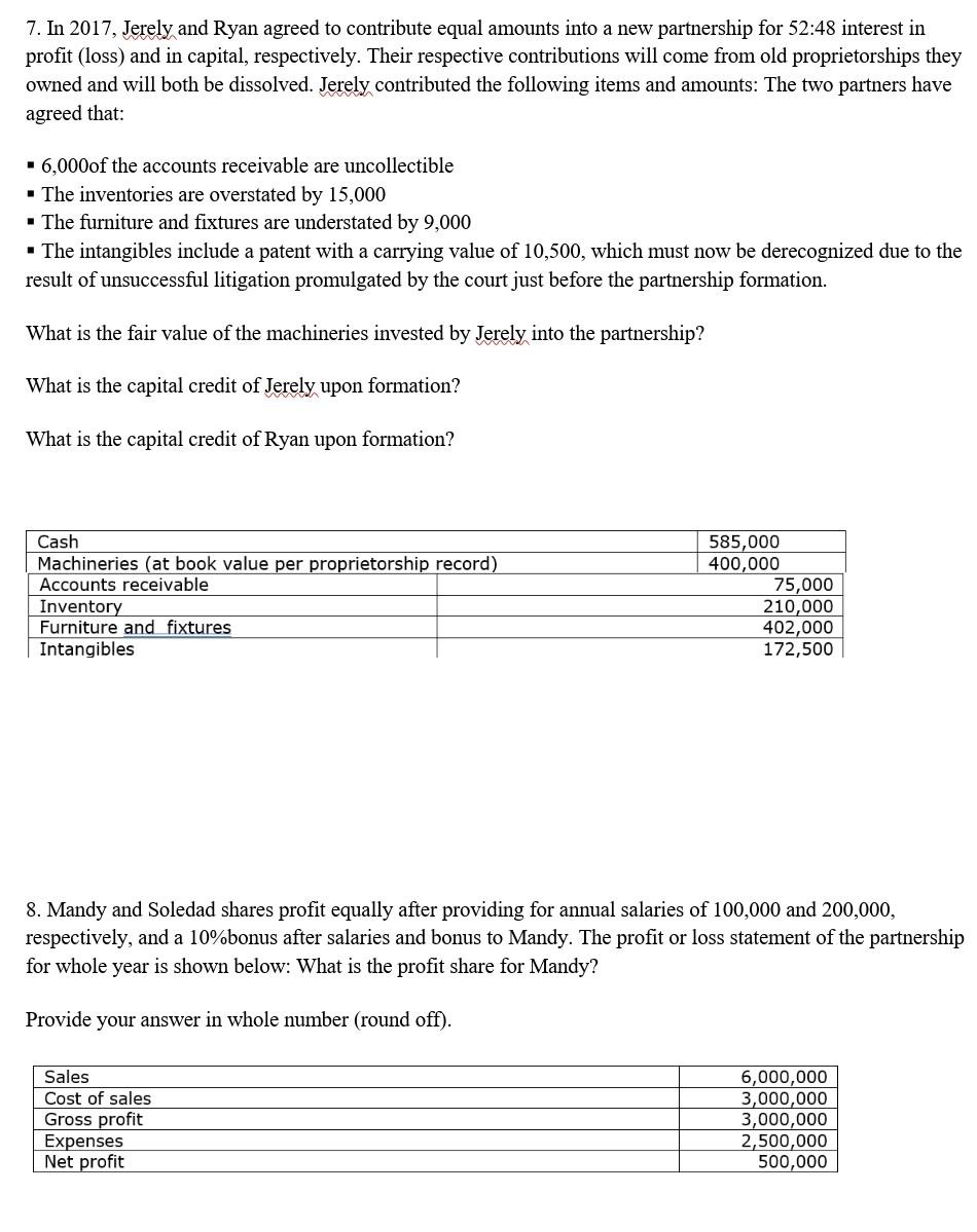 Solved 1. Partners A And B Agreed To Share Profits In The | Chegg.com