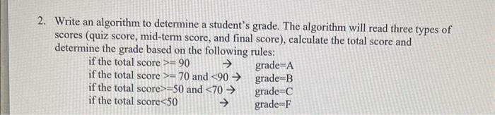 Solved 2. Write an algorithm to determine a student's grade. | Chegg.com