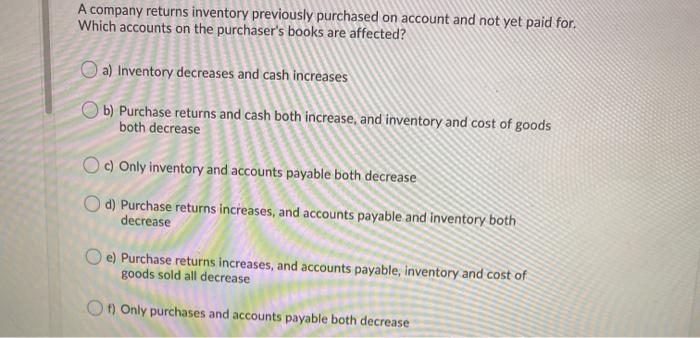 Solved A company returns inventory previously purchased on | Chegg.com