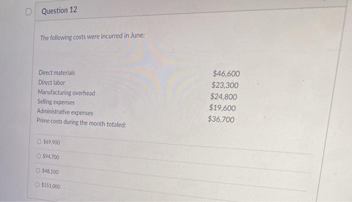 Solved D Question 12 The following costs were incurred in | Chegg.com
