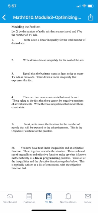 5:57 Math1010. Module 3-Optimizing... Optimizing an | Chegg.com