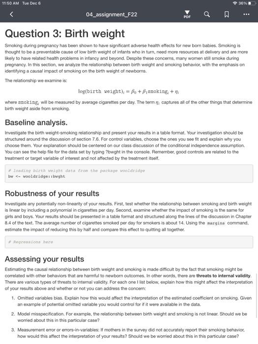 Question 3 Birth weight Smoking during pregnancy has