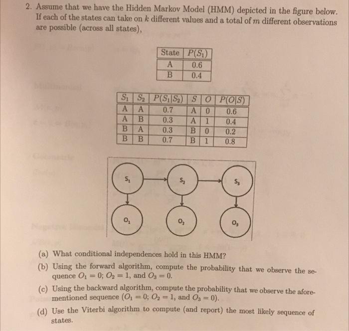 Solved 2. Assume that we have the Hidden Markov Model (HMM) | Chegg.com