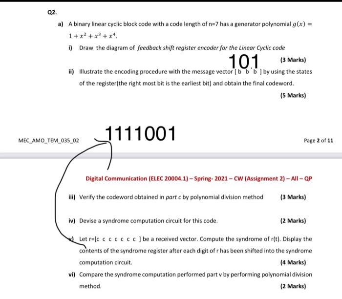Solved Q2. a) A binary linear cyclic block code with a code | Chegg.com