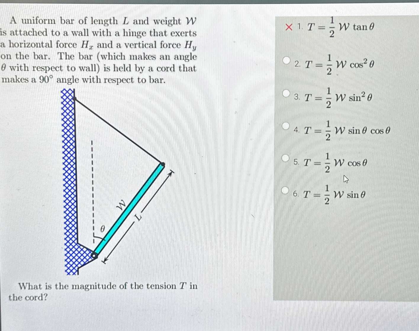 Solved A uniform bar of length L ﻿and weight W ﻿is attached | Chegg.com