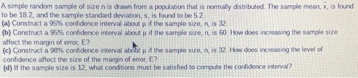 Solved A simple random sample of size n is drawn from a | Chegg.com