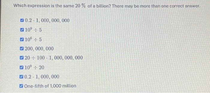 Solved Which expression is the same 20% of a billion? There | Chegg.com