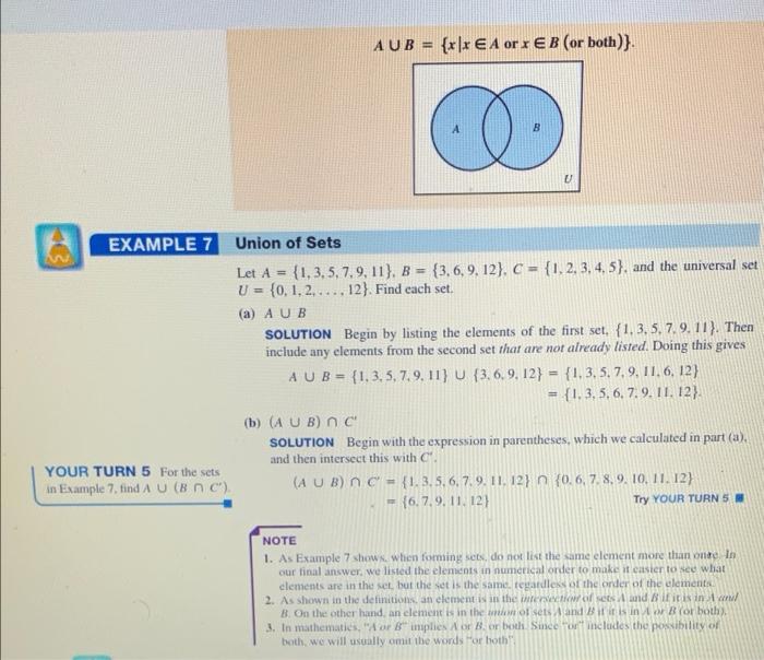 Solved Your turn 5.for the sets in example 7, find A U ( B N | Chegg.com