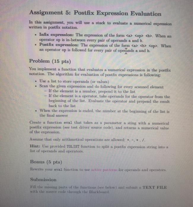 Solved Assignment 5: Postfix Expression Evaluation In this | Chegg.com