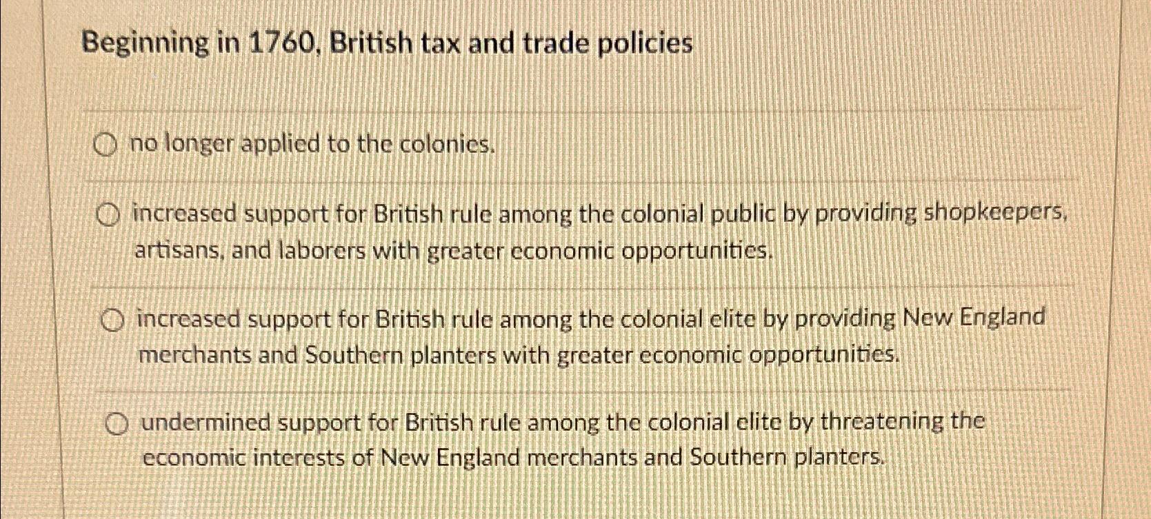 Solved Beginning in 1760, ﻿British tax and trade policiesno | Chegg.com