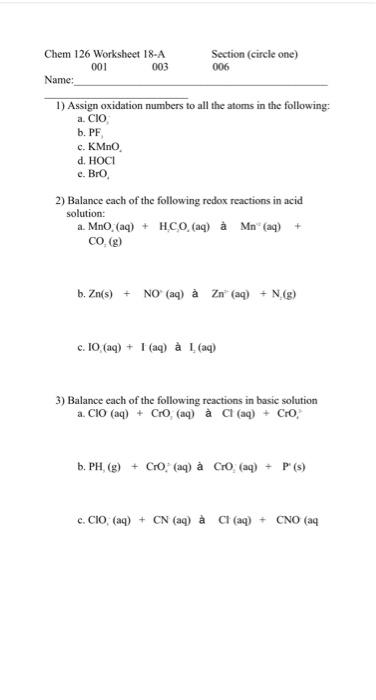 Solved Chem 126 Worksheet 18 A Section Circle One 001 0 Chegg Com