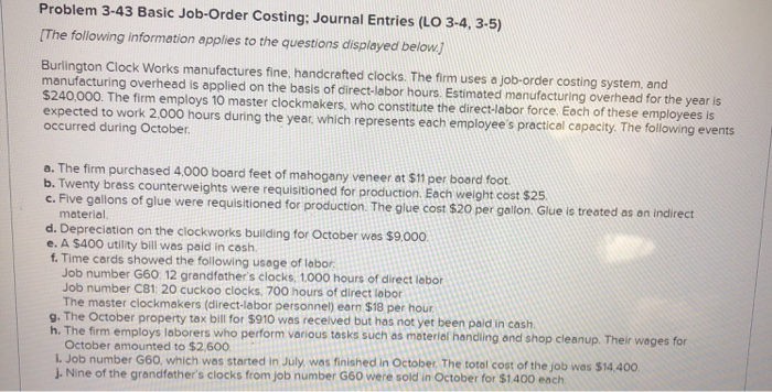 Solved Problem 3-43 Basic Job-Order Costing; Journal Entries | Chegg.com