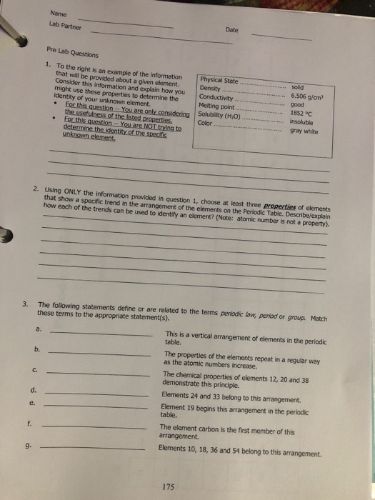 Solved Name Lab Partner Date Pre Lab Questions 1. To the | Chegg.com