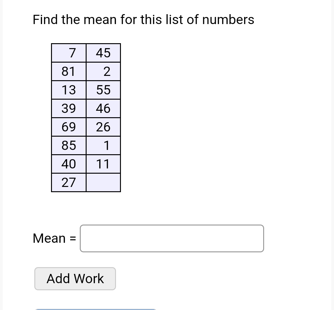 Solved Find the mean for this list of | Chegg.com