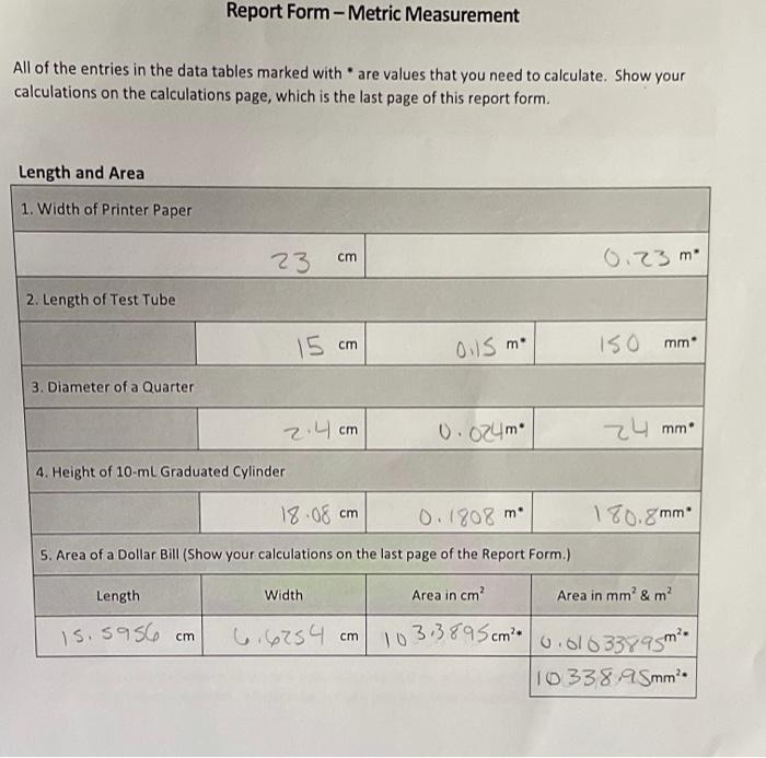 Solved Report Form - Metric Measurement All of the entries | Chegg.com