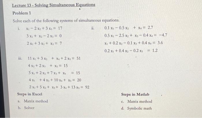 Solved Lecture 13 - Solving Simultaneous Equations Problem 1 | Chegg.com