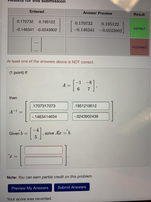 Solved submission Entered Answer Preview Result 0.170732 | Chegg.com