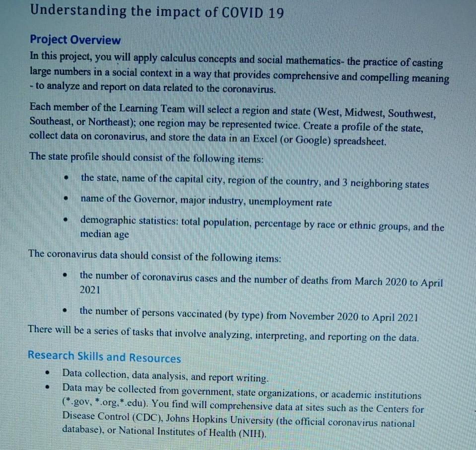 Understanding the impact of COVID 19 Project Overview | Chegg.com