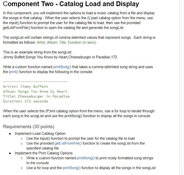 Solved Component Two - Catalog Load and Display In this | Chegg.com