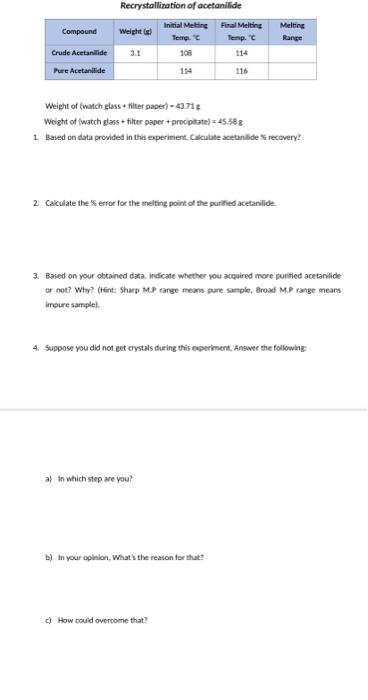 Solved Recrystallization of acetanilide Initial Meting Fail | Chegg.com