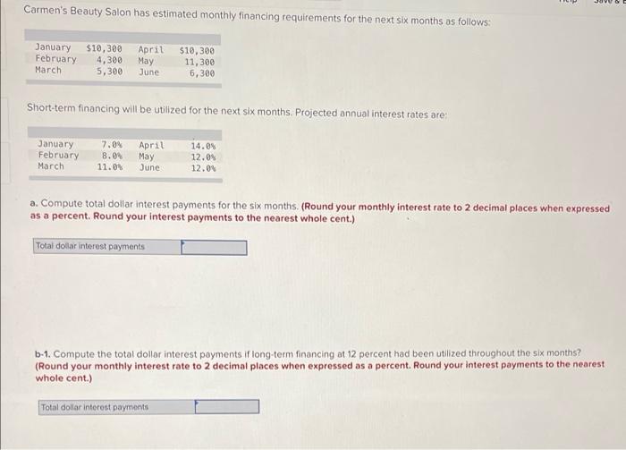Solved Carmen's Beauty Salon Has Estimated Monthly Financing | Chegg.com