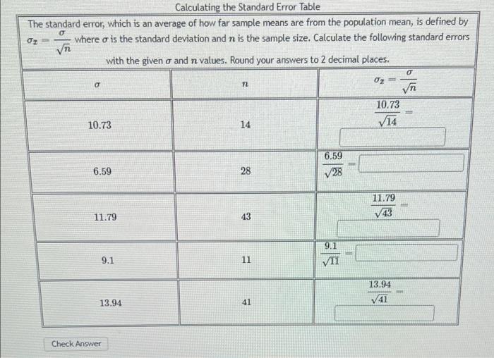 Solved 0 Calculating the Standard Error Table The standard