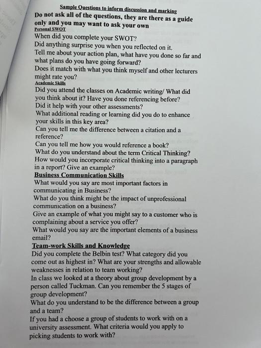 Sample Questions to inform discussion and marking Do | Chegg.com